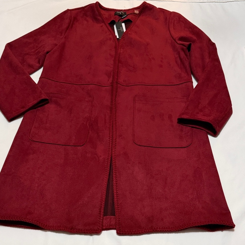 Tahari Deep Red Women's Faux Suede Leather Coat Open Front L NWT